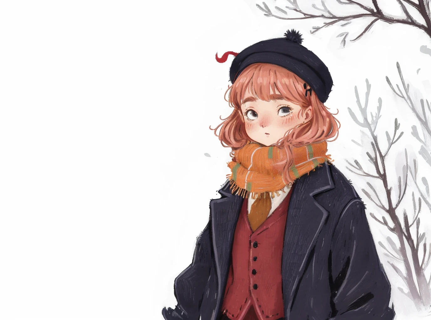 best quality,masterpiece,ultra high res,*****paiting,1girl,1boy,crayon drawing,in winter,forest,coat,scarf,snow,suit and tie,hat,