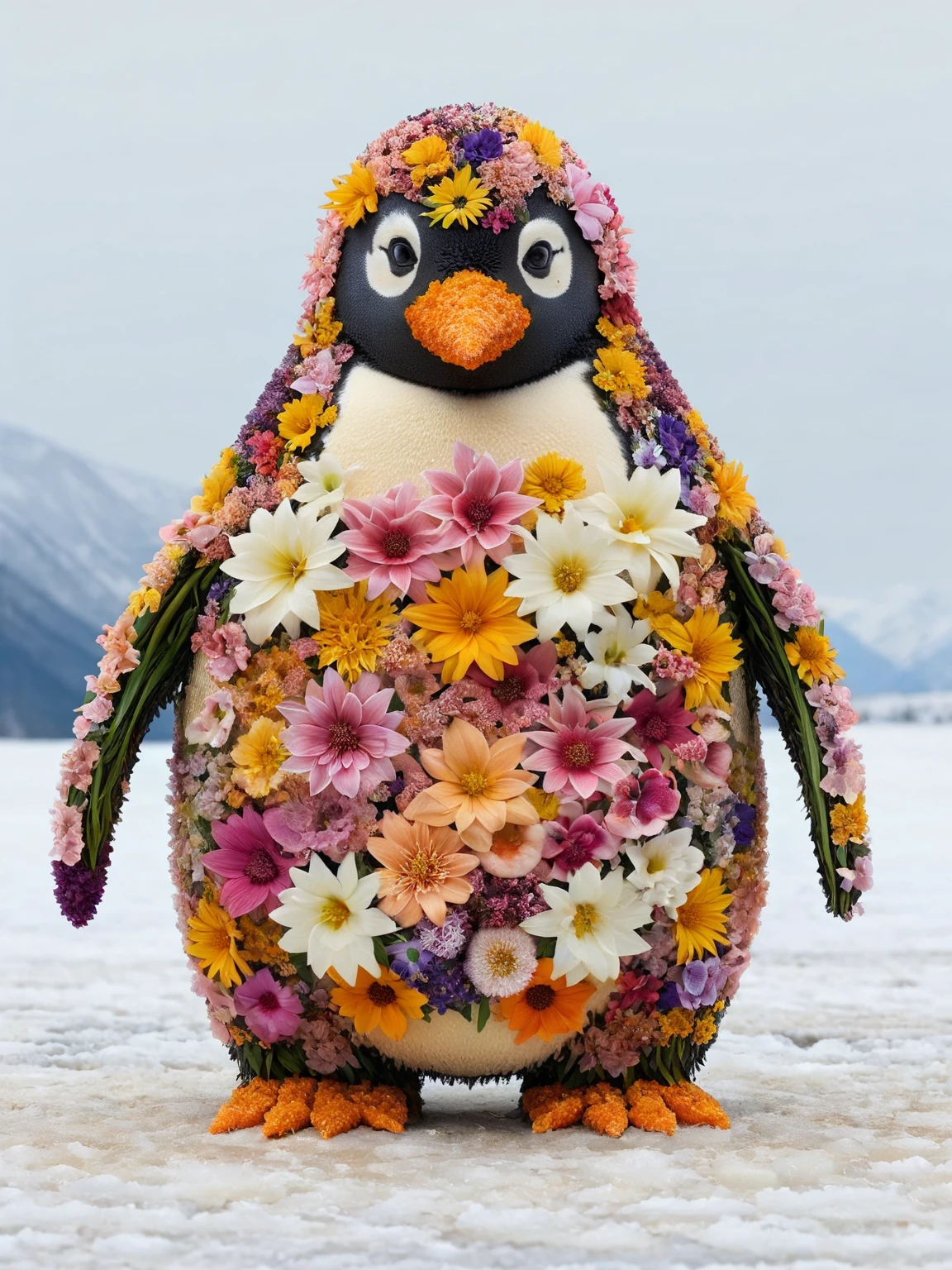a penguin made of ais-flowery, stood in the frozen tundra, <lora:Flowery_Style_SDXL:1>,<lora:EnvyBetterHiresFixXL01:0:hr=1>