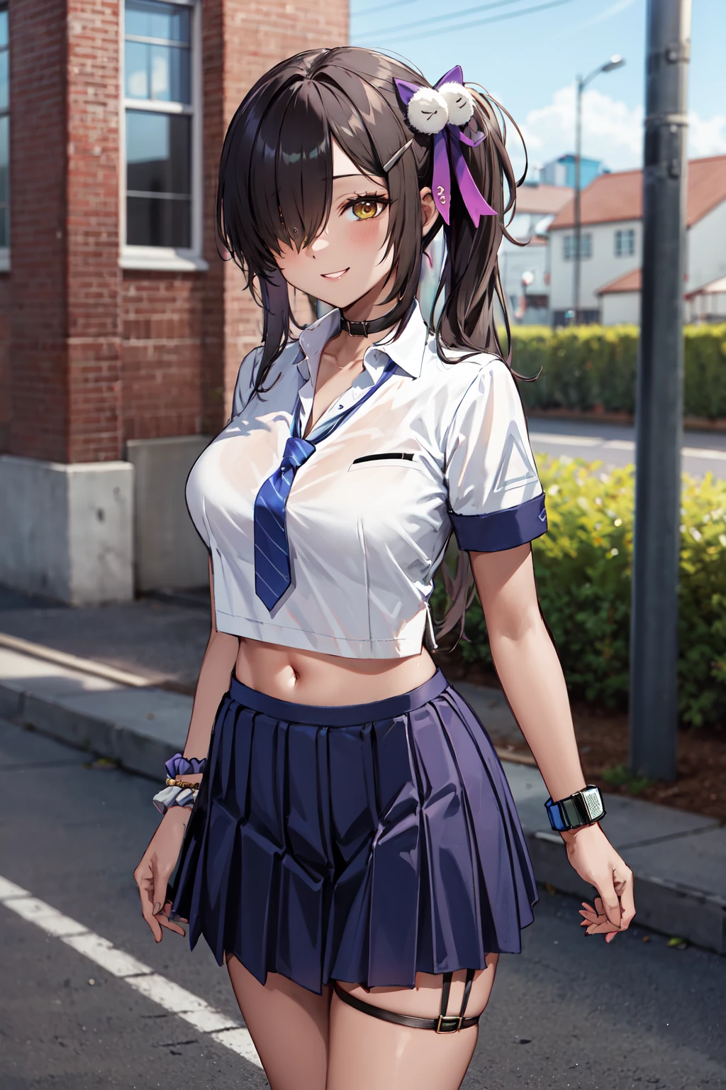 masterpiece,best quality,highres,ultra-detailed,aanaga,dark-skinned female,long hair,side ponytail,hair over one eye,hairclip,hair ribbon,hair ornament,black choker,large breasts,school uniform,blue necktie,shirt,short sleeves,navel,bracelet,wrist scrunchie,skirt,(thigh strap:1.2),socks,loose socks,loafers,<lora:naga_(nikke):0.7>,outdoors,cowboy shot,smile,standing,