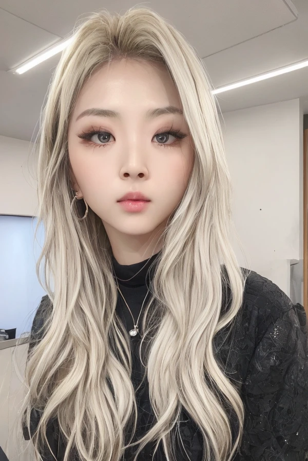 perfect lighting, best quality, 4k, 8k, ultra highres, raw photo in hdr, sharp focus, intricate texture, skin imperfections, realistic, detailed facial features, highly detailed face, sitting in a office, smart outfit, blonde hair,  <lora:Jiwoo_v1:1> Jiwoo, looking at camera