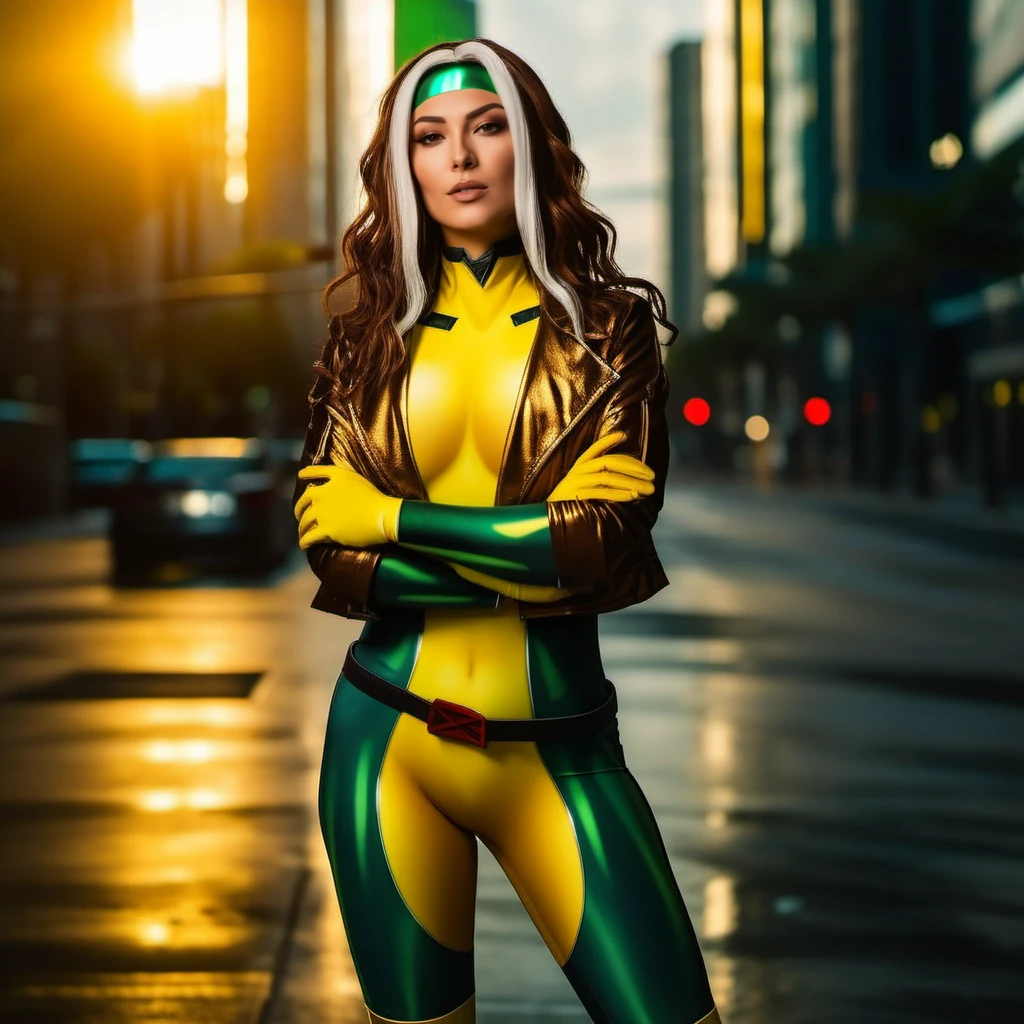 Rogue1024, a woman full body,  wears a yellow and green superhero suit and a jacket, cyberpunk city background, highly detailed,  photography, ultra sharp, film, professional, 64k  <lora:add-detail-xl:1.5> <lora:Rogue1024:0.8>