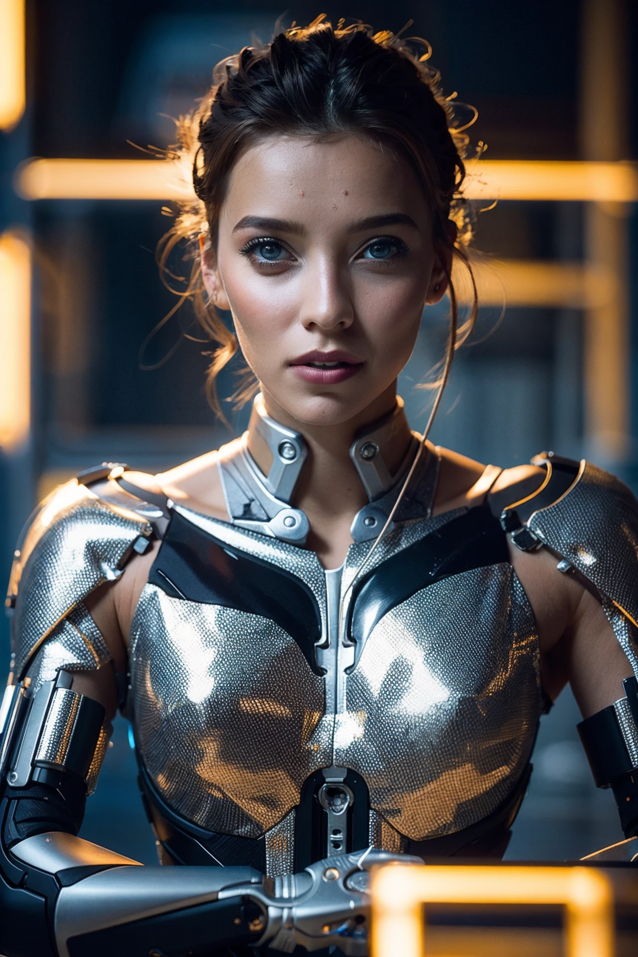 concept art cinematic film still insanely detailed photograph,a half machine half female cyborg,flesh and wiring,glowing metallic bones,tubes of glowing liquid,dissected human with machine interior,. shallow depth of field,vignette,highly detailed,high budget,bokeh,cinemascope,moody,epic,gorgeous,film grain,grainy, . digital artwork, illustrative, painterly, matte painting, highly detailed <lora:Regina_Todorenko_640x960:0.85>