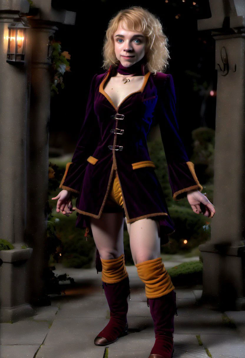 (photo) of pale (Age 19) female (halfling:1.75), flat chested, tiny nipples, rectangle body shape, shaggy blonde, middle part, blue eyes, (Dark purple)/(Dark Orange) masculine attire, homely, tiny, petite, thin, toned, lithe, full body, outdoors, D&D character, druid, HDR