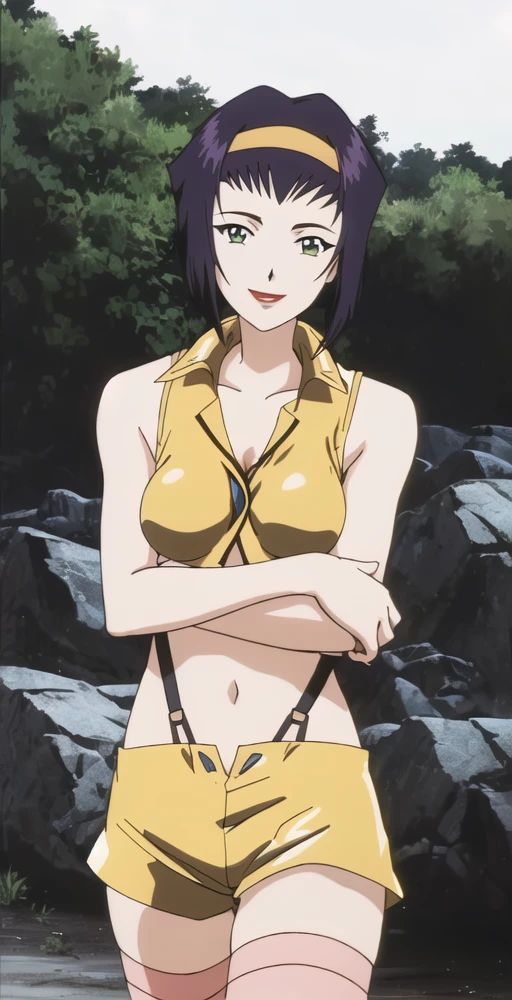 FV, 1girl, solo, looking at viewer, smile, yellow hairband, vest, bare arms, stomach, suspender shorts, thighhighs, perfect quality, good quality, masterpiece, HDR, UHD <lora:Faye Valentine:0.8>