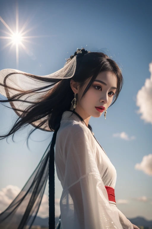 ltra-detailed,highly detailed,best quality,masterpiece,illustration,realistic,photorealistic,
hanfu, 1girl, solo,
chinese clothes,see-through sleeves, obi, veil, jewelry, earrings, necklace,
makeup,
upper body, looking at viewer,
outdoors,sky, day, cloud, dawn,sun,wind, floating hair, floating clothes,
sunlight, lens flare,
<lora:white hanfu_v1_01:0.7>