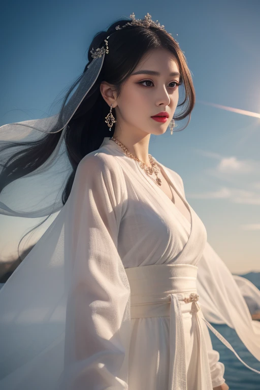 ltra-detailed,highly detailed,best quality,masterpiece,illustration,realistic,photorealistic,
hanfu, 1girl, solo,
see-through sleeves, obi, veil, jewelry, earrings, necklace,
makeup,
upper body, looking at viewer,
outdoors,sky, day, cloud, dawn,sun,wind, floating hair, floating clothes,
sunlight, lens flare,
<lora:white hanfu_v1_01:0.7>