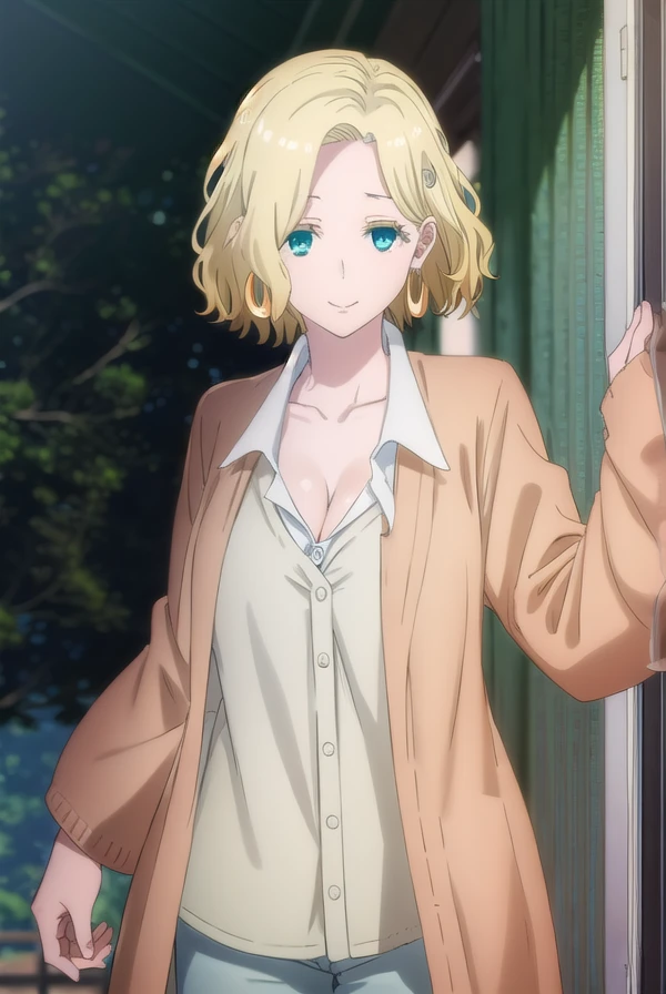 ferrisolston, <lora:ferris olston s1-lora-nochekaiser:1>,
ferris olston, short hair, blonde hair, (green eyes:1.3), mature female, smile,
BREAK shirt, cleavage, jewelry, collarbone, jacket, white shirt, earrings, collared shirt, brown jacket, hoop earrings,
BREAK indoors,
BREAK looking at viewer, (cowboy shot:1.5),
BREAK <lyco:GoodHands-beta2:1>, (masterpiece:1.2), best quality, high resolution, unity 8k wallpaper, (illustration:0.8), (beautiful detailed eyes:1.6), extremely detailed face, perfect lighting, extremely detailed CG, (perfect hands, perfect anatomy),