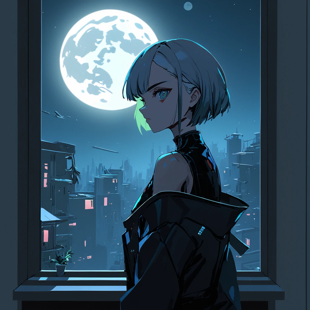 A masterpiece digital art, high resolution, anime style, 4k wallpaper, a head portrait of Lucyna in her apartment with bright moon outside, cyberpunk vibe <lora:lucy_xl-000027:1>