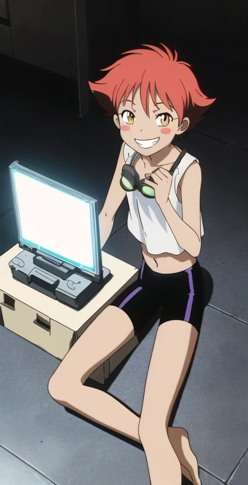 Edward, 1girl, solo, looking at viewer, blush stickers, flat chest, tank top, goggles, stomach, black bike shorts, big grin smile, legs folded, typing, computer, on floor, glowing light, perfect quality, good quality, masterpiece, HDR, UHD <lora:Edward:0.7>