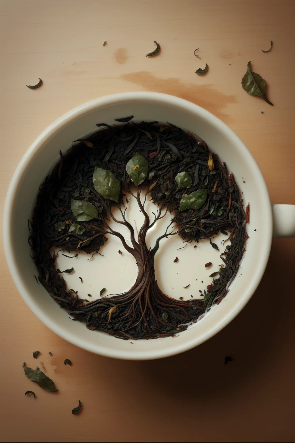 tea leaves forming the shape of a tree on the bottom of an empty tea cup  <lora:Tea_Leaf_Reading_Style_SD15:1.0>