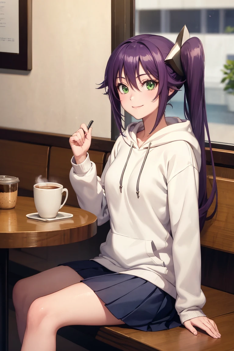 masterpiece, best quality, absurdres, AmenoSagiri, green eyes, side ponytail, shuriken hair ornament, sitting, coffee shop, hoodie, pleated skirt, smile, <lora:AmenoSagiri:0.9>