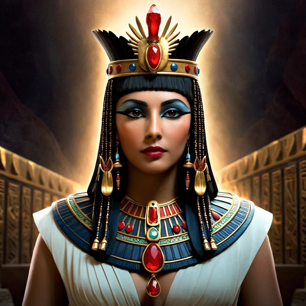 Dark Fantasy Art of  <lora:Cleopatra:1.2>
Cleopatra a woman wearing an Egyptian crown with a red stone on it Queen of the Ptolemaic Kingdom of Egypt, dark, moody, dark fantasy style