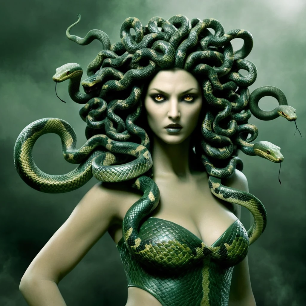 Horror-themed, <lora:Medusa:1>
Medusa a woman with a snake head and a snake tail In Greek mythology, Medusa, also called Gorgo, a human female with living venomous snakes in place of hair, Eerie, unsettling, dark, spooky, suspenseful, grim, highly detailed