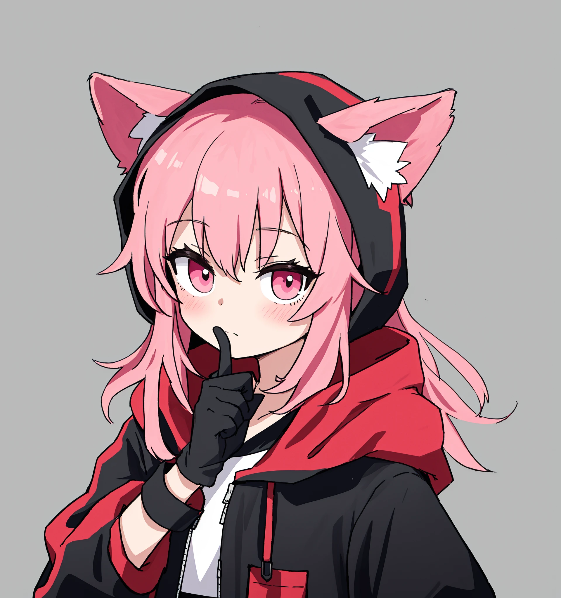 1girl, solo, looking at viewer, upper body, animal ears, pink hair, bangs, closed mouth, finger to mouth, shirt, black shirt, gloves, hooded jacket, hood down, open clothes,best quality,amazing quality,very aesthetic,absurdres,