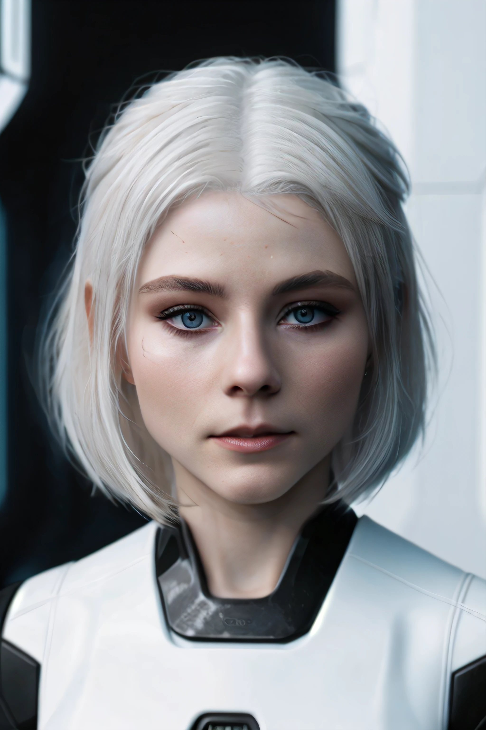 th0m4s1nm, 1girl, face, tr0nl3g4cy, white hair, sci-fi