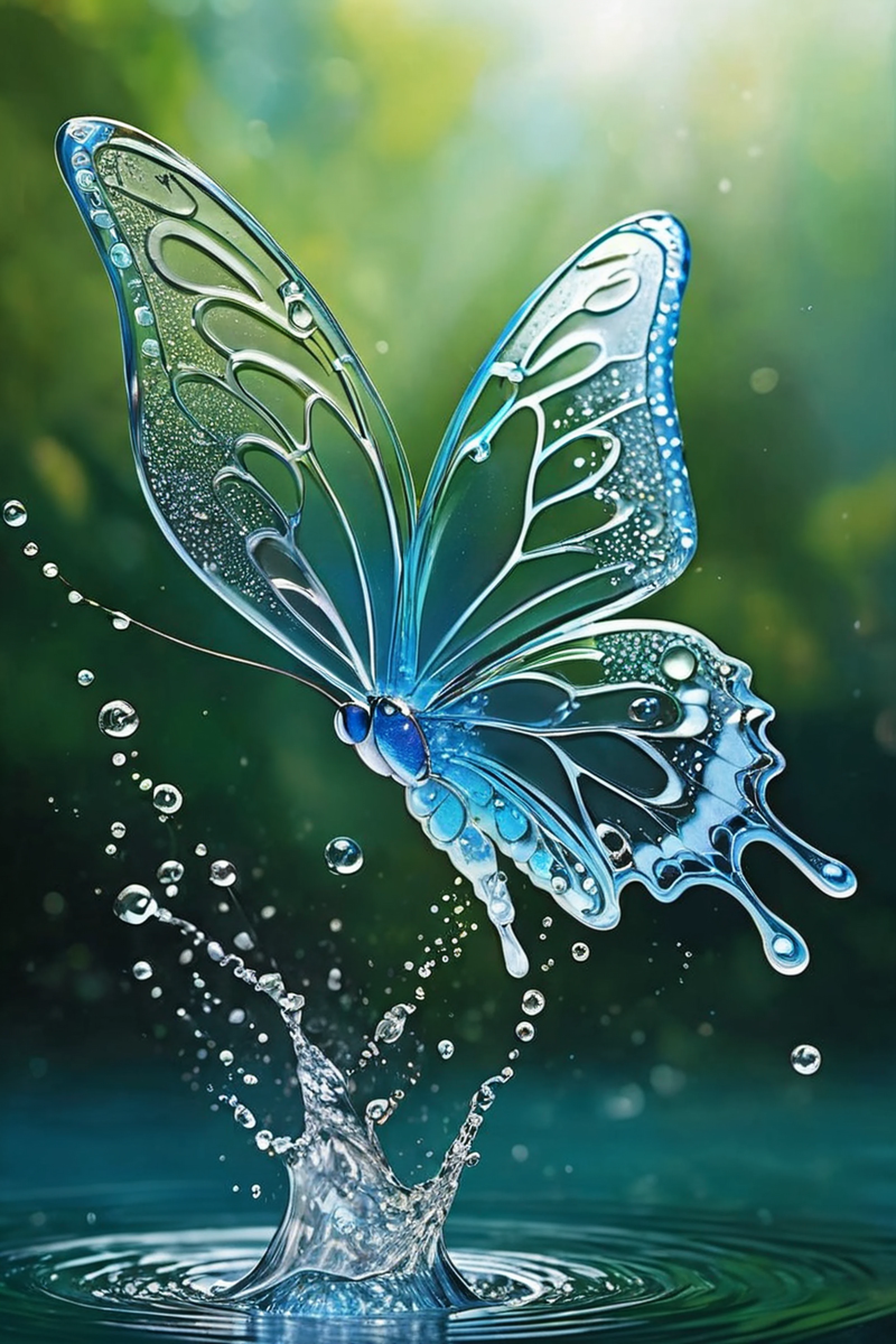 high quality, highly detailed, 8K Ultra HD, butterfly made of water spray, In this enchanting artwork, the very essence of water transforms into ethereal butterflies, each droplet gracefully adorning the wings of a butterfly in flight, The translucence of the water captures the delicate beauty of the butterfly, as if nature has granted fleeting wings to the liquid essence, The intricate patterns formed by these aquatic butterflies evoke a sense of enchantment, their ephemeral forms suspended in time, The play of light on their wings adds a touch of magic, turning ordinary droplets into a symphony of aquatic butterflies, dancing in the realm where water meets whimsical flight, by yukisakura, awesome full color,