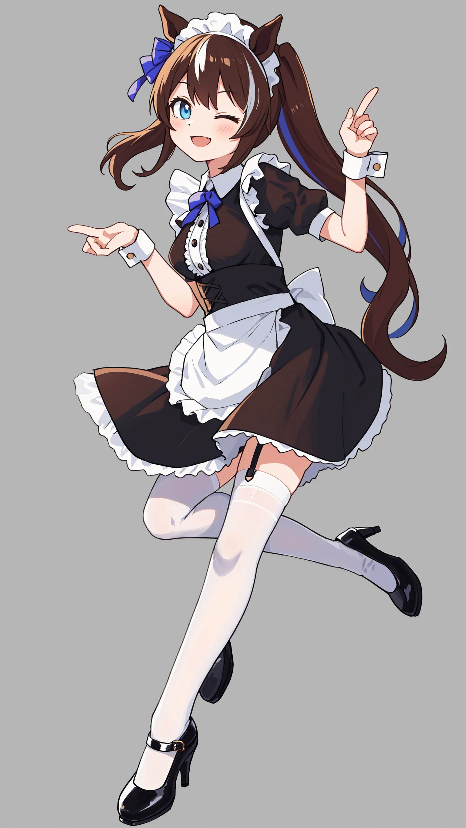 1girl, tokai_teio_(umamusume), maid, solo, smile, one_eye_closed, blue_eyes, long_hair, brown_hair, streaked_hair, horse_ears, horse_tail, wrist_cuffs, maid_apron, maid_headdress, apron, black_skirt, skirt small_breasts, arm_garter, frills, center_frills, high_heels, white_legwear, index_finger_raised, full_body, simple_background,best quality,amazing quality,very aesthetic,absurdres,