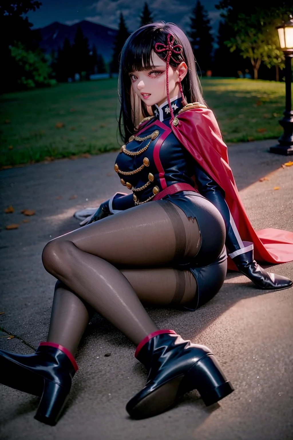 masterpiece, best quality, <lora:yamashirorenn:1>,1girl, feet, pantyhose, soles, gloves, long hair, high heels, shoes, white gloves, toes, boots, legs, ass, solo, lying, torn clothes, purple eyes, black footwear, shorts, single boot, breasts, black hair, black pantyhose, shoes removed, long sleeves, red cape, boots removed, on side, bangs, no shoes, cape, single shoe, torn pantyhose, high heel boots, purple hair, uniform, full body, foot focus, chain, looking at viewer, teeth, military, military uniform, thighs, pink eyes, jacket, blunt bangs, parted lips, night, hair ornament, buttons, skirt, foreshortening, double-breasted, outdoors, medium breasts, sky