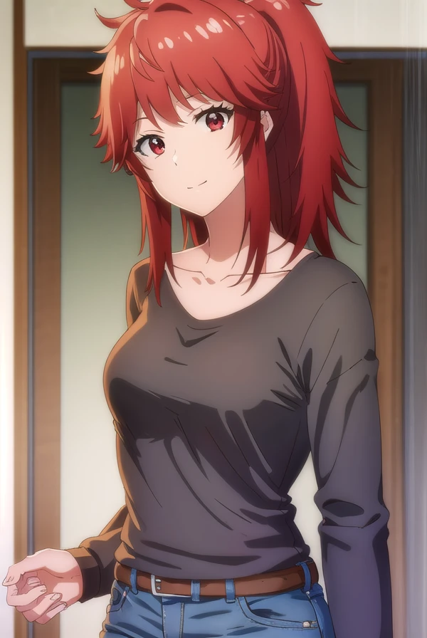 akemiaizawa, <lora:akemi aizawa s1-lora-nochekaiser:1>,
akemi aizawa, (red eyes:1.3), red hair, medium hair, ponytail, smile,
BREAK shirt, long sleeves, collarbone, black shirt, pants, denim,
BREAK indoors,
BREAK looking at viewer, (cowboy shot:1.5),
BREAK <lyco:GoodHands-beta2:1>, (masterpiece:1.2), best quality, high resolution, unity 8k wallpaper, (illustration:0.8), (beautiful detailed eyes:1.6), extremely detailed face, perfect lighting, extremely detailed CG, (perfect hands, perfect anatomy),