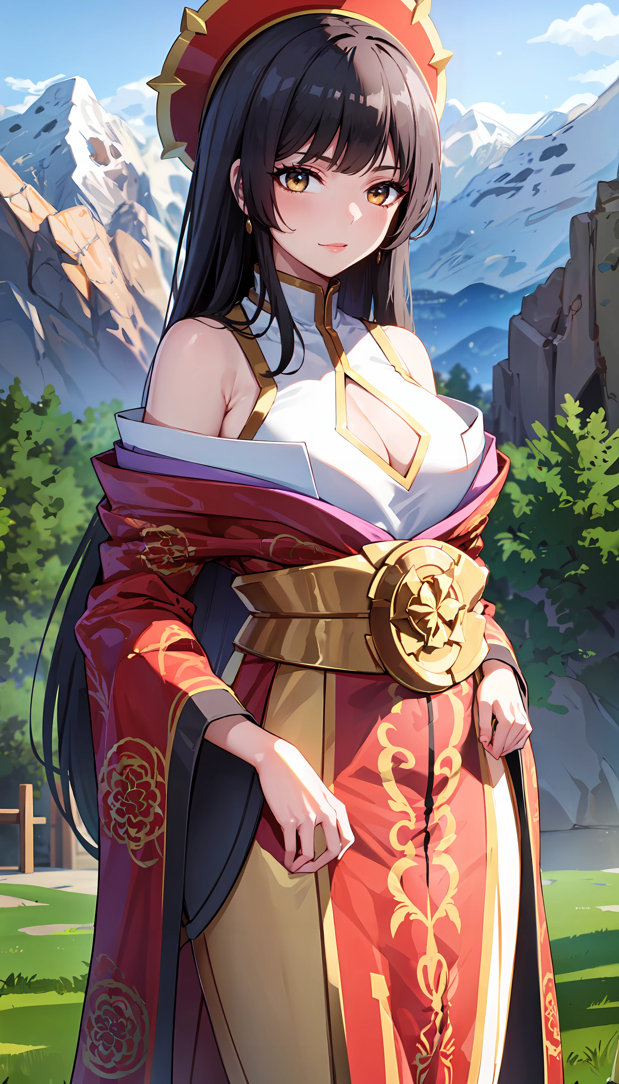 photorealistic, (4k), depth of field, (Masterpiece), (realistic skin texture), extremely detailed, intricate, hyper detailed, professional photography, bokeh, high resolution, sharp detail, best quality, girl, <lora:GoodHands-beta2:0.8> , <lora:detail_slider_v4:0.8> , red and gold dress, japanese dress. long hair, black hair, breast cutout, headdress, bare shoulders, yellow eyes, spread arms , <lora:Tsubaki Fujiwara:0.7>, mountain summit, jagged peaks, alpine meadow, wildflowers, clear mountain lake, undisturbed wilderness