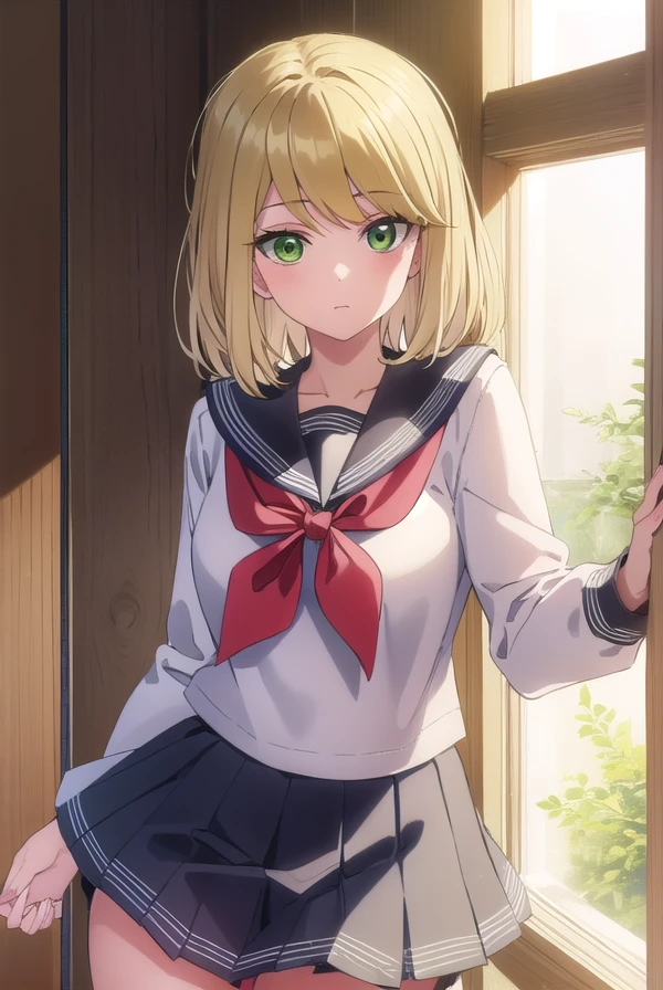 desumimagahara, <lora:desumi magahara s1-lora-nochekaiser:1>,
desumi magahara, short hair, blonde hair, (green eyes:1.3),
BREAK skirt, long sleeves, school uniform, pleated skirt, serafuku, sailor collar, neckerchief, red neckerchief,
BREAK indoors, classroom,
BREAK looking at viewer, (cowboy shot:1.5),
BREAK <lyco:GoodHands-beta2:1>, (masterpiece:1.2), best quality, high resolution, unity 8k wallpaper, (illustration:0.8), (beautiful detailed eyes:1.6), extremely detailed face, perfect lighting, extremely detailed CG, (perfect hands, perfect anatomy),