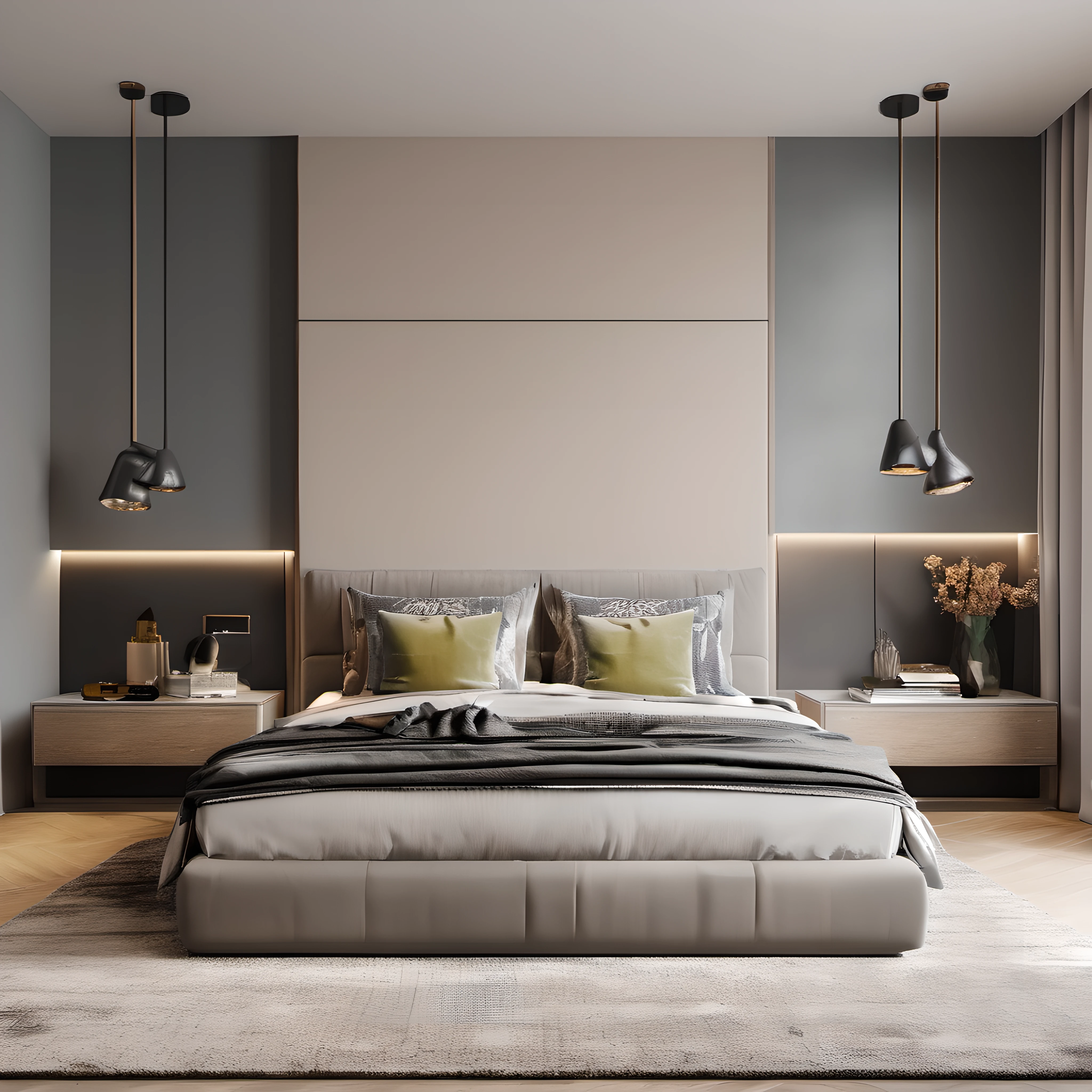 bedroom,bed,bedside table,background wall,slate,carpet,picture,pendant,<lora:shinei-000008:0.6>,