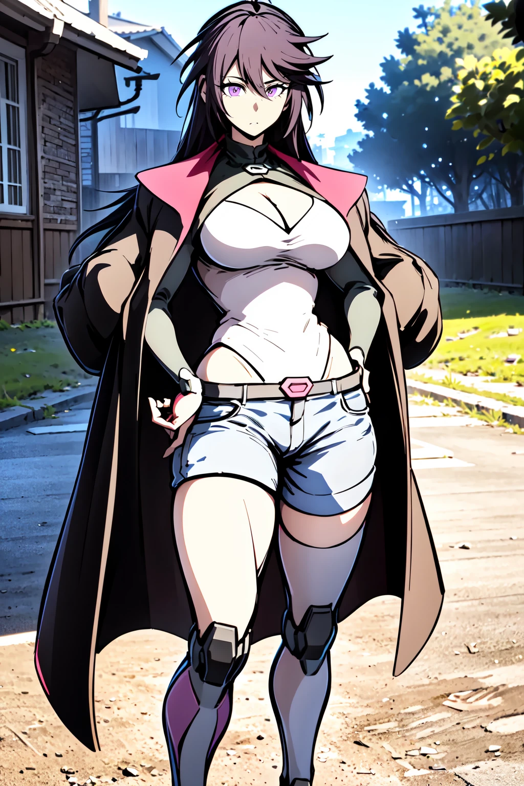 portrait, a woman standing on a street, arms on hips frontal, beautiful eyes, beautiful girl, high detail skin, high detail eyes, high detail hair, highres, ultra detailed, sharpen picture, Highly detailed, masterpiece, best quality, photorealistic, <lora:Violetv2LoRA:1> violet, coat, white leotard, black shorts