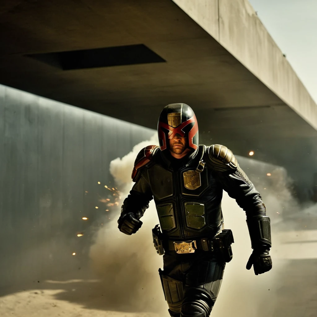 cinematic film still of  <lora:Judge Dredd:1>
Judge Dredd a man in a black suit is running through a tunnel with an explosion in background, shallow depth of field, vignette, highly detailed, high budget, bokeh, cinemascope, moody, epic, gorgeous, film grain, grainy
