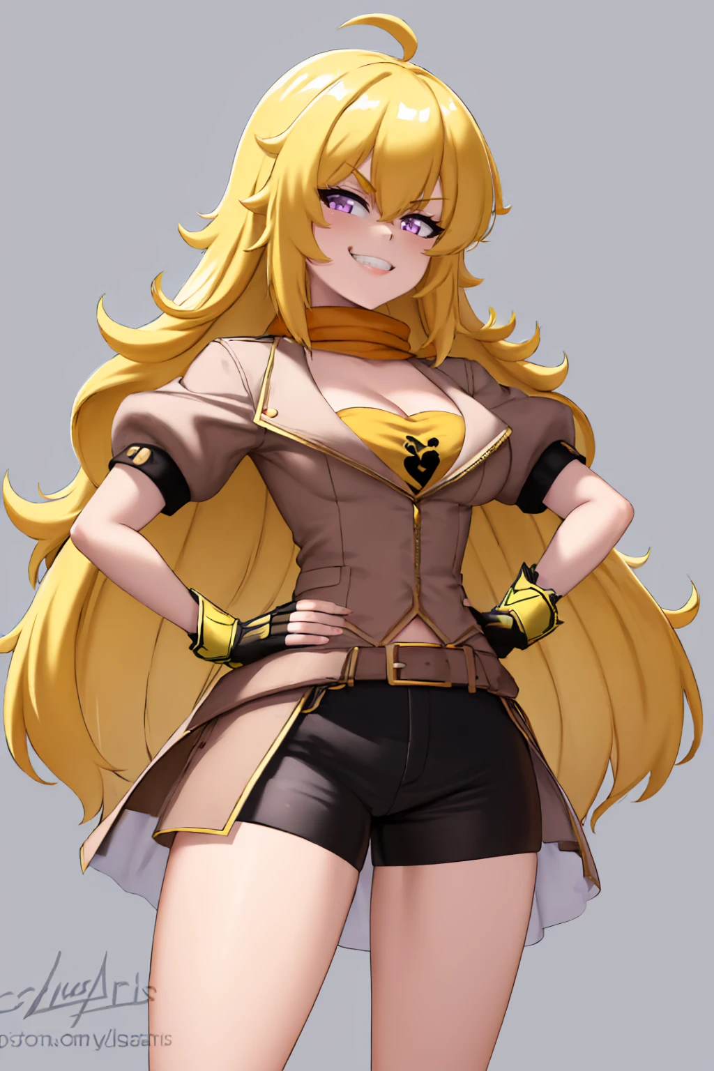 (masterpiece, best quality:1.2), solo, 1girl, yang xiao long, grin, looking at viewer, hands on hips, ahoge, purple eyes, v-shaped eyebrows, brown jacket, short sleeves, fingerless gloves, shorts, waist cape, cleavage <lora:style_cslucaris-12:1> <lora:rwby_xiaolong-10:0.8>