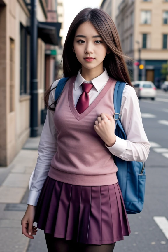 school uniform, necktie, backpack, pink vest, sweater vest, collared shirt, long sleeves, pleated skirt, pantyhose
<lora:Pink_Purple_School_Dress_By_Stable_Yogi:1>