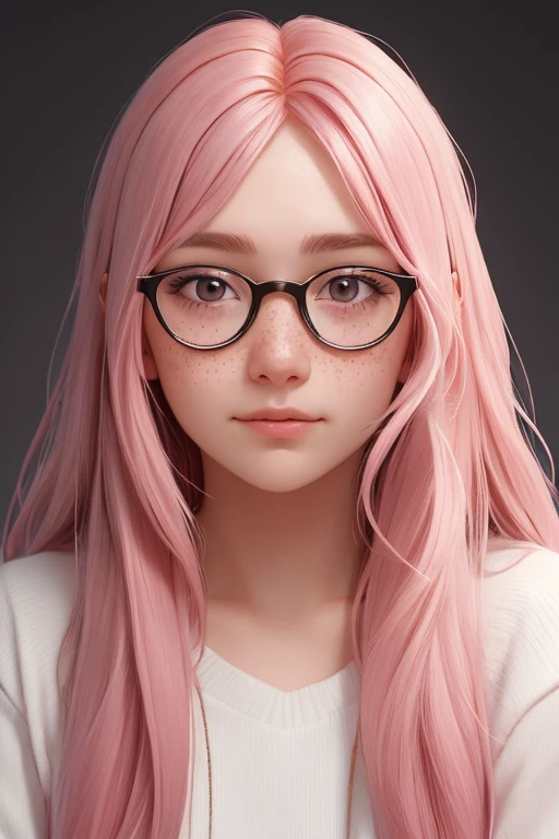 professional, masterpiece, 8k, hyperrealistic portrait of a 20yo cute girl, long hair,pink hair, glasses, (looking shy:1.3), freckles, detailed face, detailed skin, photography, hq, photorealistic,