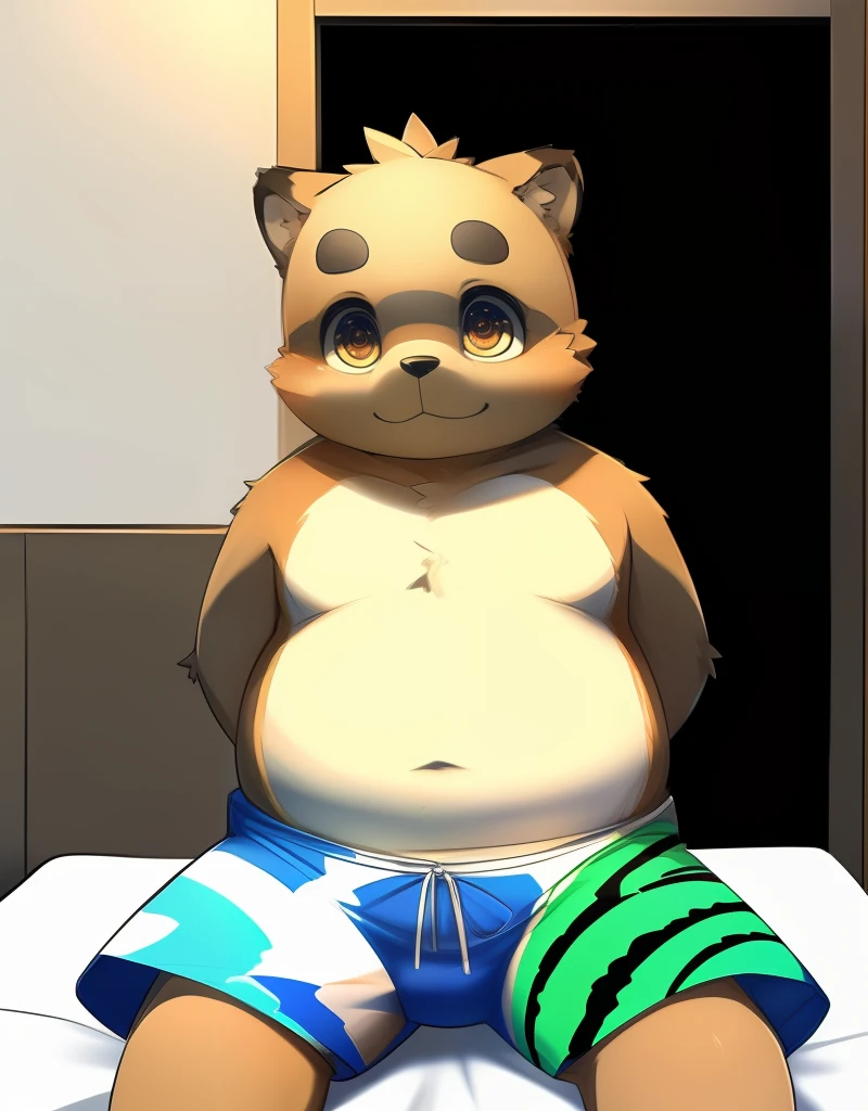 (((detailed eyes, detailed face))), (furry, kounosuke <lora:character_kounosuke_findigo_v2:1>, white belly, white chest, brown eyes), male, (solo), (plump, fat, chubby, overweight), (white briefs, white male underwear, topless), sitting, (arms behind back), smile BREAK (konzaburou, ukan_muri), bedroom, (flat shading, flat color, high brightness), 8k, UHD, masterpiece, (full body)