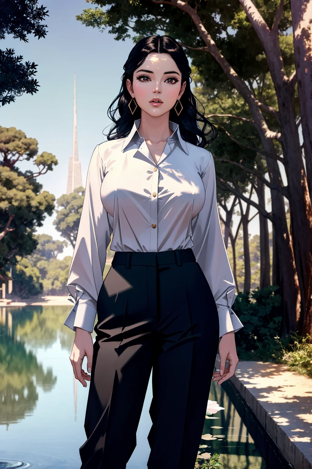 masterpiece of photorealism, photorealistic highly detailed professional 8k raw photography, best hyperrealistic quality, volumetric real-time lighting and shadows, Long Take Shot, Sci-fi Futuristic Woman, Triangle with Full Bust: Broader bust with a narrower hip and well-defined waist, Classic White Button-Down Shirt with Tailored Trousers, Opulent Opal-Inspired Hair, Reflection in Water: Posing near a body of water for reflective shots, African Baobab Tree Groves full of busy people