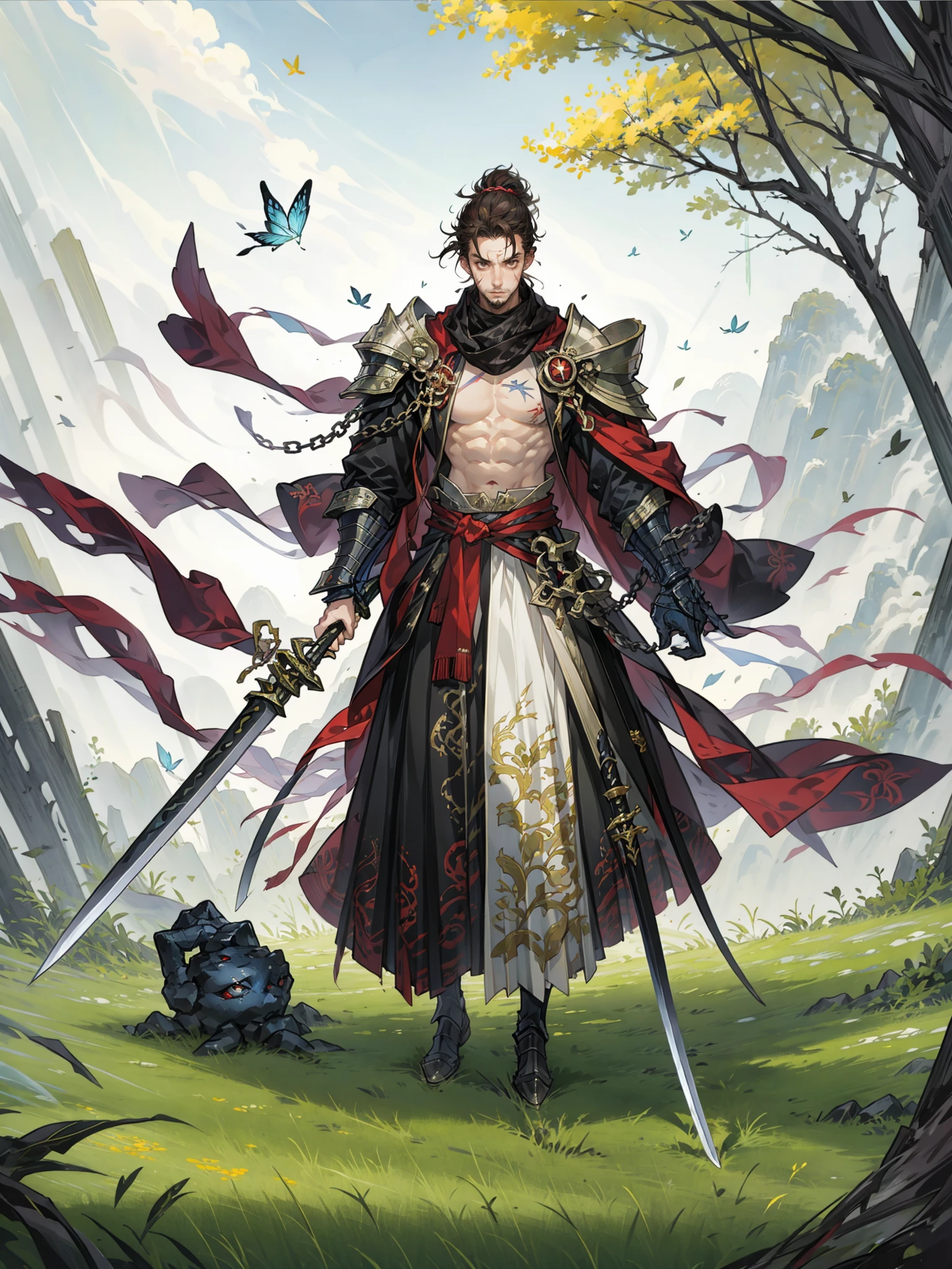 HEZI, LOL, \\\(lol style\\\), game cg, multiple boys, weapon, facial hair, tree, armor, nature, ponytail, long hair, male focus, forest, brown hair, sword, outdoors, muscular, beard, holding, black hair, shoulder armor, 6+boys, leaf, holding weapon, ninja, scar, manly, looking at viewer, cape, bug, mask, pauldrons, hood, muscular male, tattoo, short hair, sickle, sheath, scarf, chain, abs, scar on face, grass, 5boys, 1girl, butterfly, cloak, holding sword, scar across eye,<lora:çåç³»åââé´é³å¸ç«ç»:0.5>,