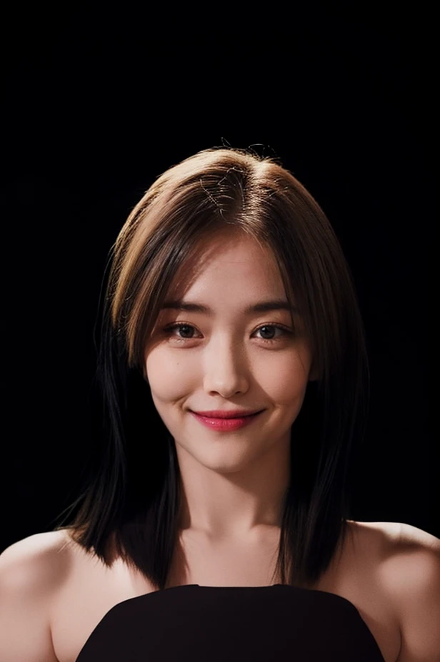 Best quality, masterpiece, ultra high res, (photorealistic), (extremely detailed eyes), (Strapless_tube_top:1.4), sleeveless, raw photo, 1girl, solo, realistic, (looking at viewer), upper body, ((plain one tone black background:1.8)), bare shoulders, bare neck, ((smile)), black eyes, natural fair skin color, big head, ((short blonde hair)), ((long face:1.2)), mole, <lora:add_detail:0.8>, <lora:ryujinlorashyv1_5:1> <lora:skin_tone_slider_v1:-1.5>