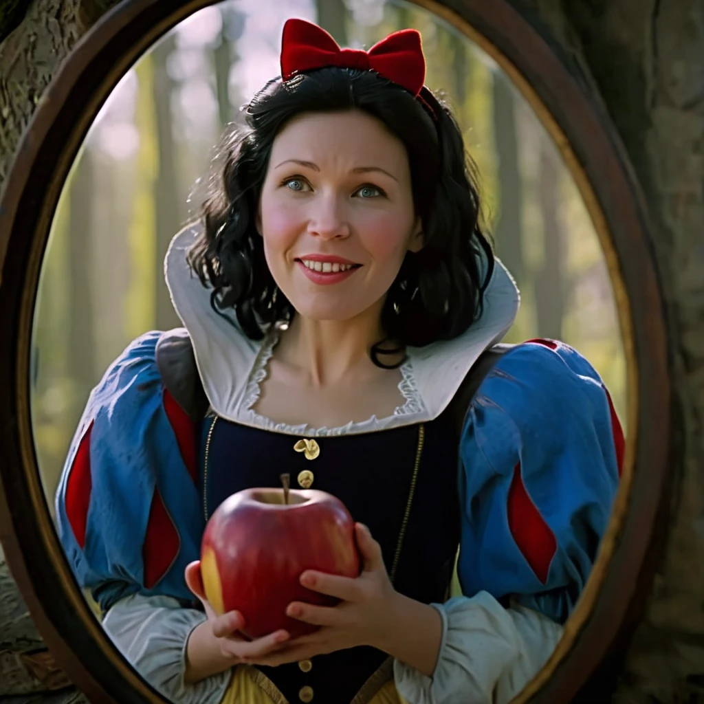 cinematic film still of <lora:Snow White v3:1>
Snow White a full shot of a woman dressed in a snow white costume In 1500s 15th Century with a big oval shaped mirror in background smiling at camera , shallow depth of field, vignette, highly detailed, high budget, bokeh, cinemascope, moody, epic, gorgeous, film grain, grainy