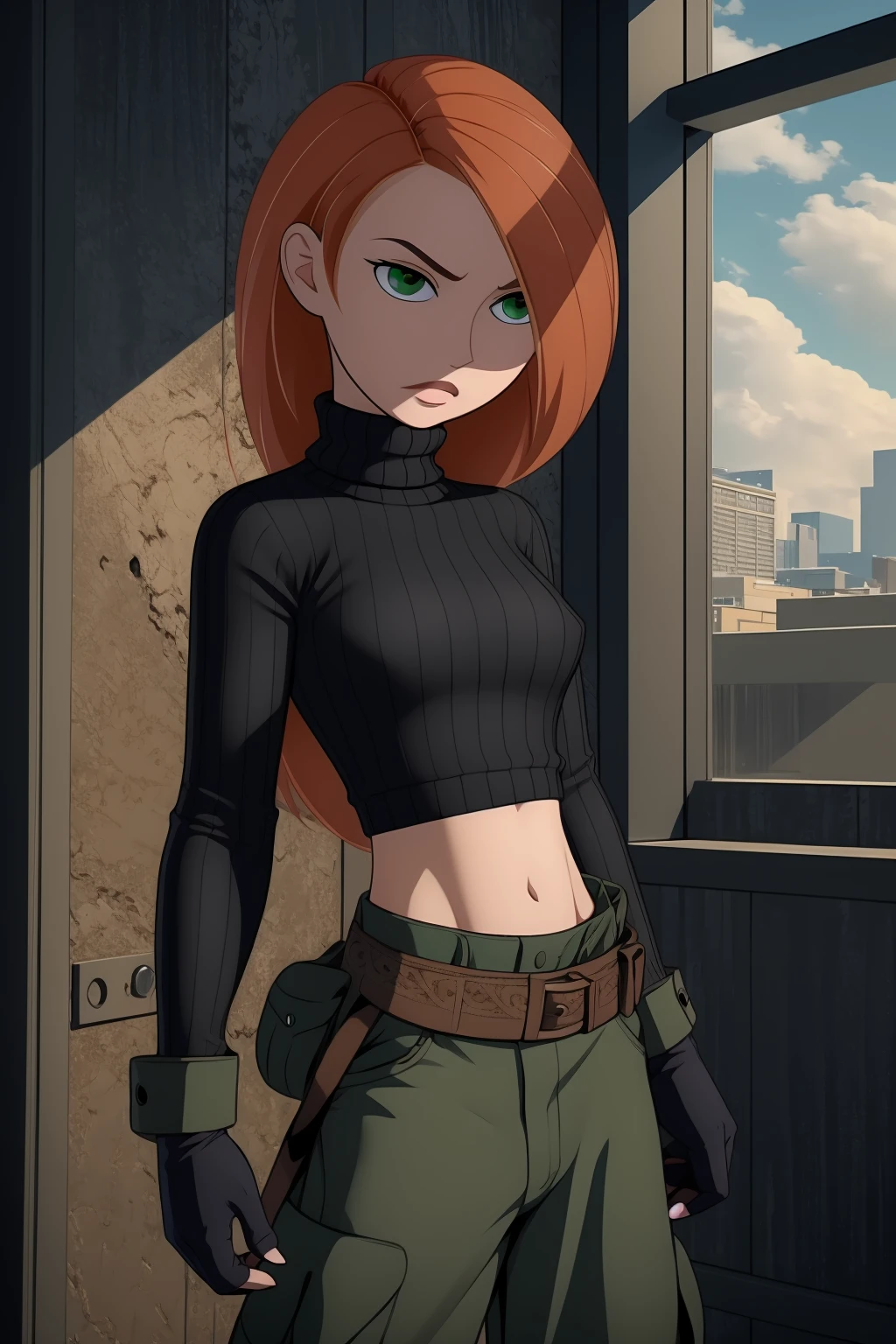 Best_QualityPos, RAW photo, intricate details, best quality, 8k uhd, soft lighting, 1girl, solo, green eyes, orange hair, long hair, black gloves, black turtleneck sweater, crop top, midriff, long sleeves, belt, belt pouch, green cargo pants, black shoes <lora:Kimberly_Ann_Possible:0.7>