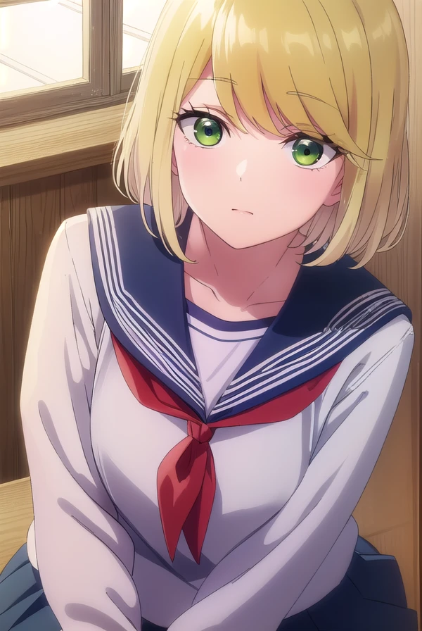 desumimagahara, <lora:desumi magahara s1-lora-nochekaiser:1>,
desumi magahara, short hair, blonde hair, (green eyes:1.3),
BREAK skirt, long sleeves, school uniform, pleated skirt, serafuku, sailor collar, neckerchief, red neckerchief,
BREAK indoors, classroom,
BREAK looking at viewer, (cowboy shot:1.5),
BREAK <lyco:GoodHands-beta2:1>, (masterpiece:1.2), best quality, high resolution, unity 8k wallpaper, (illustration:0.8), (beautiful detailed eyes:1.6), extremely detailed face, perfect lighting, extremely detailed CG, (perfect hands, perfect anatomy),