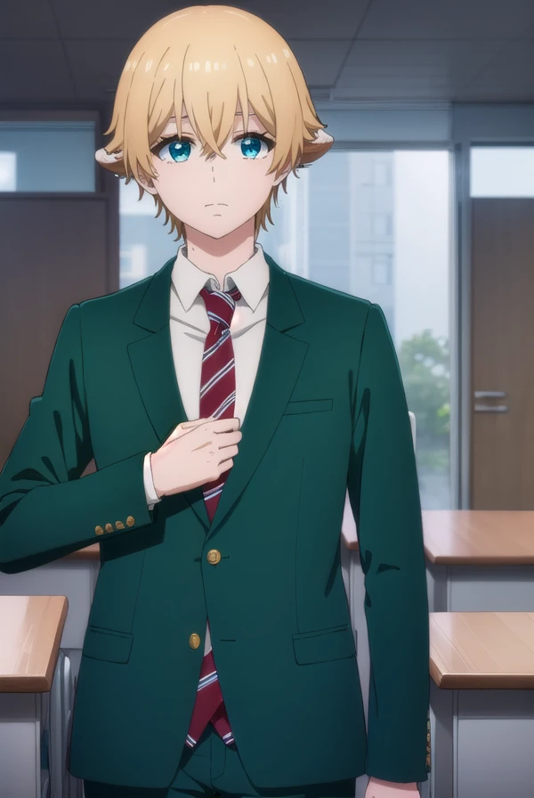 kousukemisaki, <lora:kousuke misaki s1-lora-nochekaiser:1>,
kousuke misaki, short hair, blue eyes, blonde hair, hair between eyes, male focus,
BREAK shirt, long sleeves, school uniform, jacket, white shirt, open clothes, necktie, collared shirt, pants, open jacket, black pants, blazer, red necktie, (green jacket:1.5), brown pants,
BREAK indoors, classroom,
BREAK looking at viewer, (cowboy shot:1.5),
BREAK <lyco:GoodHands-beta2:1>, (masterpiece:1.2), best quality, high resolution, unity 8k wallpaper, (illustration:0.8), (beautiful detailed eyes:1.6), extremely detailed face, perfect lighting, extremely detailed CG, (perfect hands, perfect anatomy),