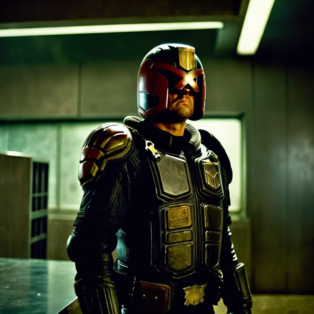 cinematic film still of  <lora:Judge Dredd:1>
Judge Dredd a man in a helmet and armor standing in a room, shallow depth of field, vignette, highly detailed, high budget, bokeh, cinemascope, moody, epic, gorgeous, film grain, grainy
