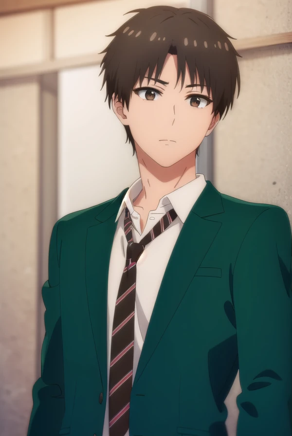 junichiroukubota, <lora:junichirou kubota s1-lora-nochekaiser:1>,
junichirou kubota, short hair, bangs, brown hair, (brown eyes:1.5), male focus,
BREAK shirt, long sleeves, school uniform, jacket, white shirt, open clothes, necktie, collared shirt, pants, open jacket, black pants, blazer, red necktie, (green jacket:1.5), brown pants,
BREAK indoors, classroom,
BREAK looking at viewer, (cowboy shot:1.5),
BREAK <lyco:GoodHands-beta2:1>, (masterpiece:1.2), best quality, high resolution, unity 8k wallpaper, (illustration:0.8), (beautiful detailed eyes:1.6), extremely detailed face, perfect lighting, extremely detailed CG, (perfect hands, perfect anatomy),