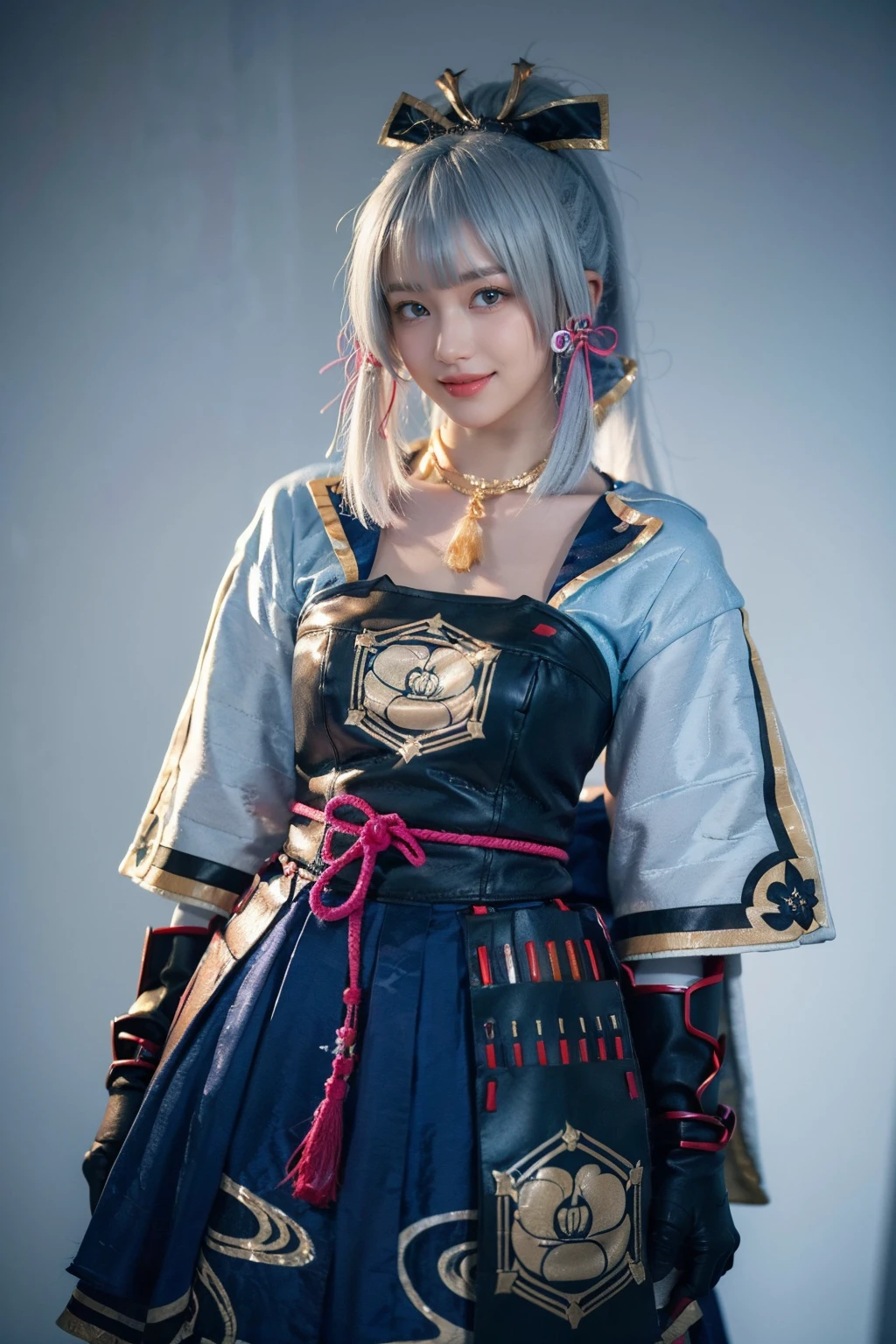 best quality, masterpiece, photorealistic, 1girl, solo, standing, cowboy shot, looking at viewer, smile, closed mouth, bangs, kamisato cosplay costume, cosplay, light blue hair, long hair, ponytail, hair ornament, ribbon, hair ribbon, japanese clothes, armored dress, japanese armor, arm guards, fingerless gloves, tress ribbon, tassel, simple background, <lora:genshin_Kamisato_cosplay_v1:0.7>