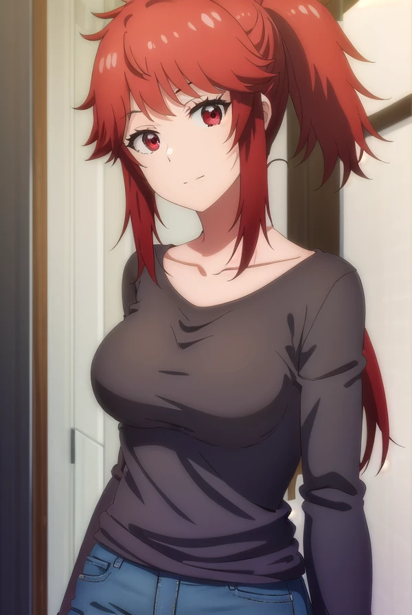 akemiaizawa, <lora:akemi aizawa s1-lora-nochekaiser:1>,
akemi aizawa, (red eyes:1.3), red hair, medium hair, ponytail, smile,
BREAK shirt, long sleeves, collarbone, black shirt, pants, denim,
BREAK indoors,
BREAK looking at viewer, (cowboy shot:1.5),
BREAK <lyco:GoodHands-beta2:1>, (masterpiece:1.2), best quality, high resolution, unity 8k wallpaper, (illustration:0.8), (beautiful detailed eyes:1.6), extremely detailed face, perfect lighting, extremely detailed CG, (perfect hands, perfect anatomy),
