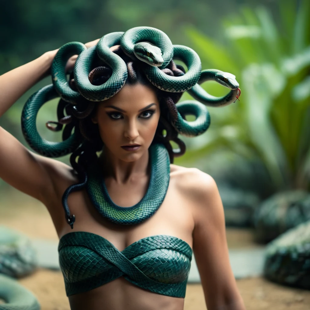 cinematic film still of  <lora:Medusa:1>
Medusa a naked woman with a snake head and a skirt In Greek mythology, Medusa, also called Gorgo,  a human female with living venomous snakes in place of hair, shallow depth of field, vignette, highly detailed, high budget, bokeh, cinemascope, moody, epic, gorgeous, film grain, grainy