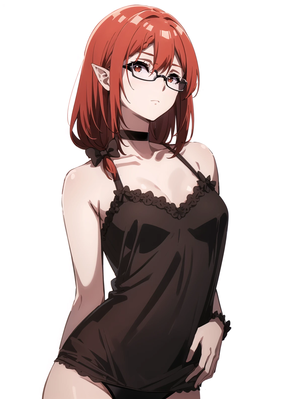 1girl, bangs, bare shoulders, black-framed eyewear, black choker, black panties, breasts, choker, closed mouth, collarbone, cowboy shot, glasses, looking at viewer, medium breasts, panties, simple background, solo, underwear, watch, white background, wristband
<lora:Elizabeth_KNJ:1> elizabethdef, long hair, red hair, red eyes, bow, braided bang, pointy ears,