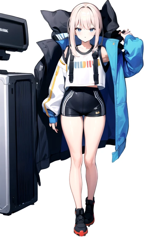 masterpiece,best quality,extreme detail,8k,solo,<lora:nikke-10 (1):0.8>,nikke,white background,jacket_on_shoulders,micro_shorts, full body