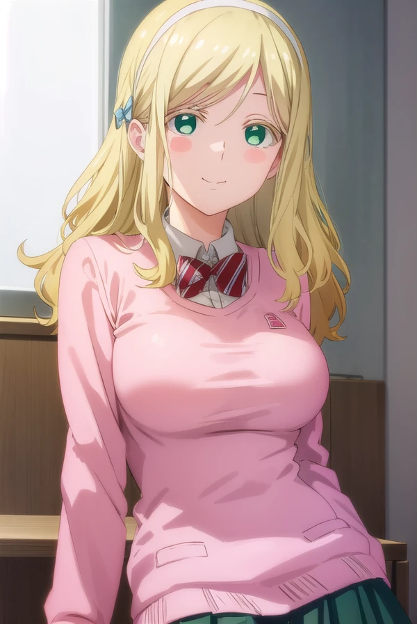 carololston, <lora:carol olston s1-lora-nochekaiser:1>,
carol olston, long hair, blonde hair, (green eyes:1.3), bow, hairband, bowtie, blush stickers, smile,
BREAK skirt, thighhighs, school uniform, pleated skirt, sweater, white thighhighs, zettai ryouiki, pink sweater, pink cardigan,
BREAK indoors,
BREAK looking at viewer, (cowboy shot:1.5),
BREAK <lyco:GoodHands-beta2:1>, (masterpiece:1.2), best quality, high resolution, unity 8k wallpaper, (illustration:0.8), (beautiful detailed eyes:1.6), extremely detailed face, perfect lighting, extremely detailed CG, (perfect hands, perfect anatomy),