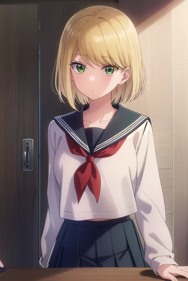 desumimagahara, <lora:desumi magahara s1-lora-nochekaiser:1>,
desumi magahara, short hair, blonde hair, (green eyes:1.3),
BREAK skirt, long sleeves, school uniform, pleated skirt, serafuku, sailor collar, neckerchief, red neckerchief,
BREAK indoors, classroom,
BREAK looking at viewer, (cowboy shot:1.5),
BREAK <lyco:GoodHands-beta2:1>, (masterpiece:1.2), best quality, high resolution, unity 8k wallpaper, (illustration:0.8), (beautiful detailed eyes:1.6), extremely detailed face, perfect lighting, extremely detailed CG, (perfect hands, perfect anatomy),