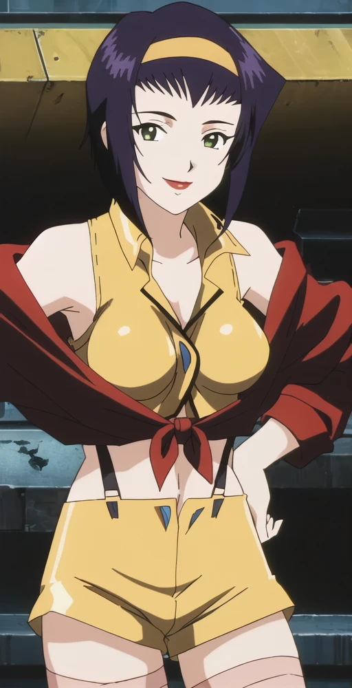 FV, 1girl, solo, looking at viewer, smile, yellow hairband, yellow shirt, red jacket, bare shoulders, suspender shorts, thighhighs, perfect quality, good quality, masterpiece, HDR, UHD <lora:Faye Valentine:0.8>