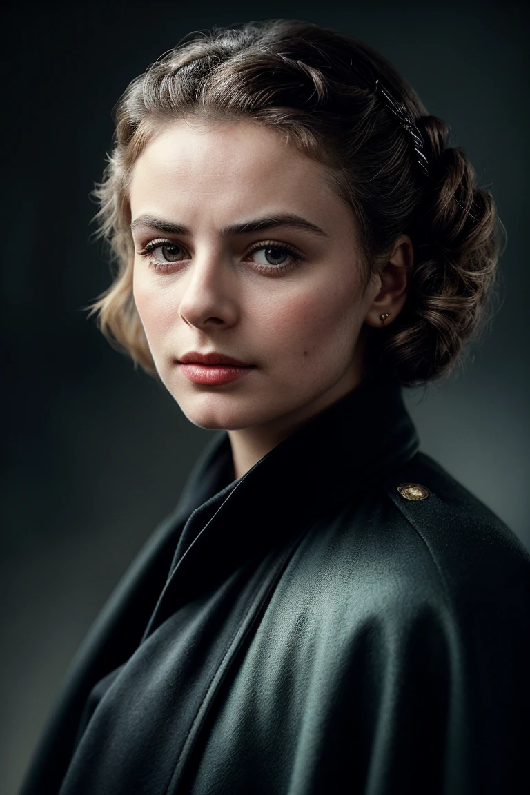 photo of (ibrgmn:0.99), a beautiful woman, (closeup portrait), perfect hair upsweep updo, (vintage photo, Spearmint Belted cape coat in a luxurious wool fabric and a timeless silhouette), 24mm, ((tintype)), (analog, cinematic, film grain:1.3), ((plain Milano background, gradient:1.2)), detailed eyes, (seductive pose), (epicPhoto), (looking at viewer), (cinematic shot:1.3)